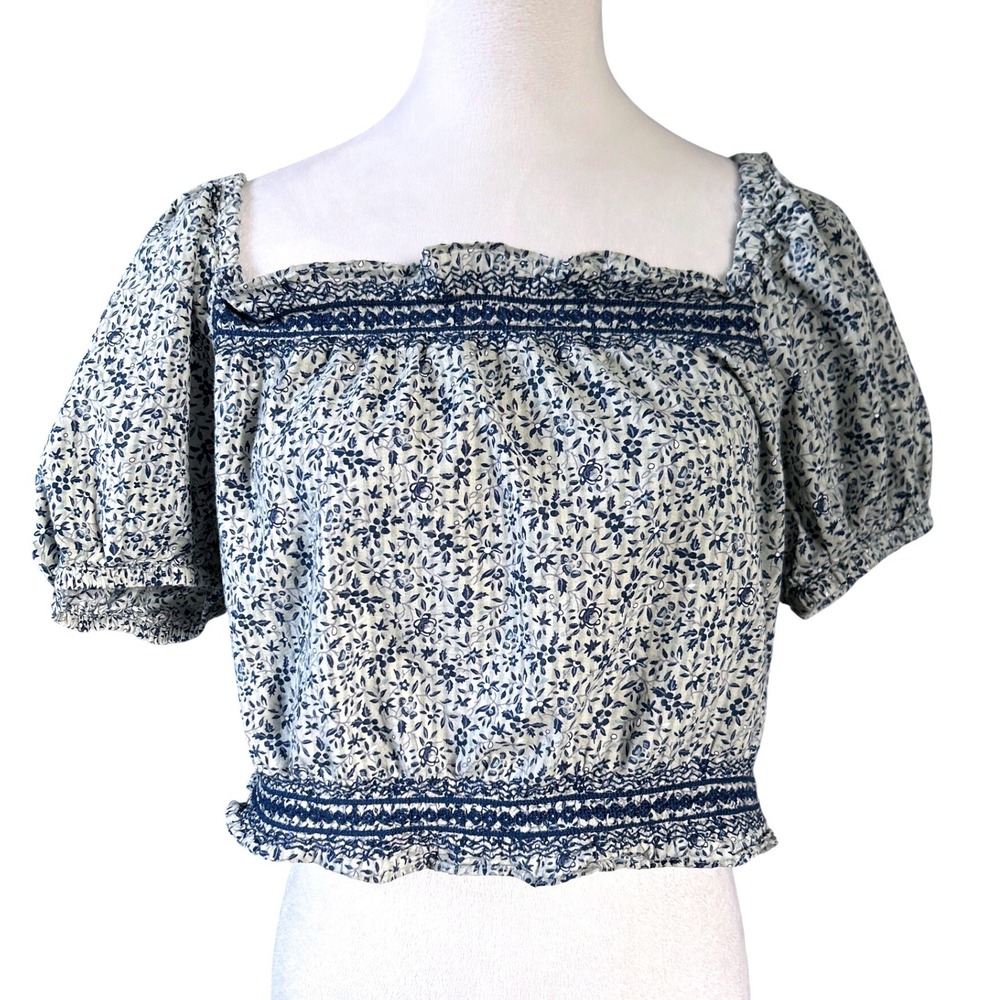 Madewell Floral Smocked Puff Sleeve Jannette Top Women‎ Blue White Cotton Crop M